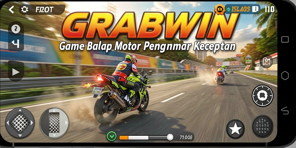 Tangkapan layar gameplay GRABWIN menampilkan aksi balap motor yang mendebarkan.