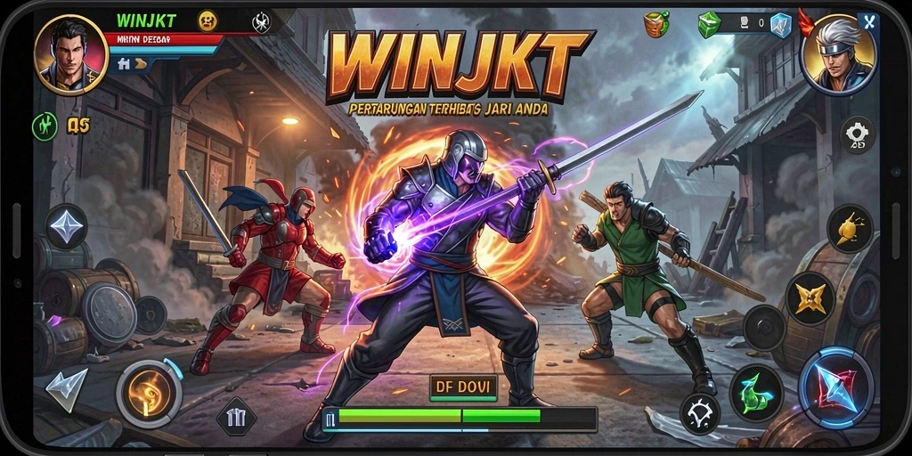 Screenshot permainan WINJKT dengan karakter sedang bertarung.
